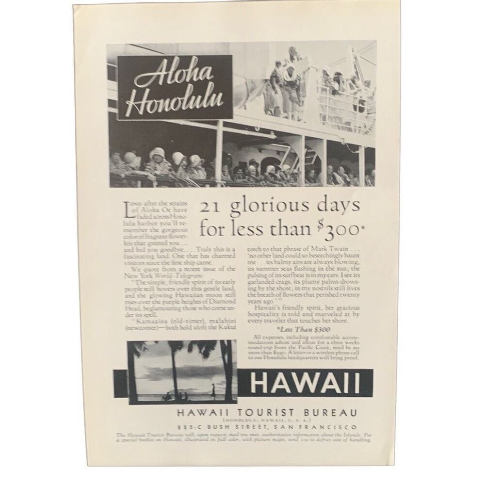 Vintage 1932 Hawaii Tourist Bureau Aloha Honolulu Ad Advertisement